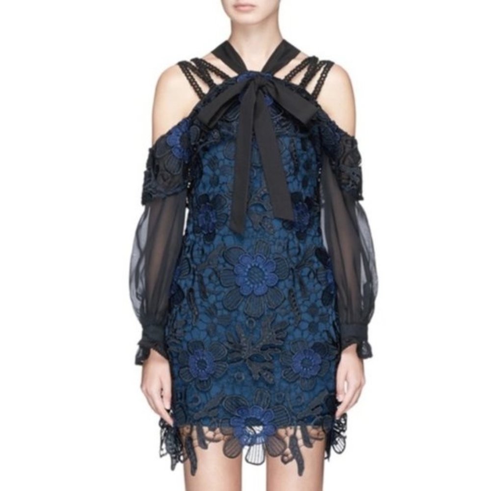 New* SELF PORTRAIT 3D Floral Lace Guipure Mini Dress Navy/Black Size 8 $545